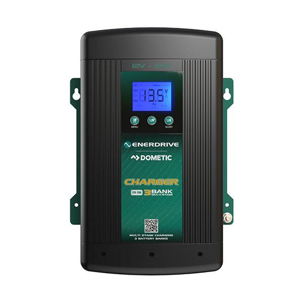 Enerdrive Dometic Charger 3 Bank 12V battery charger device, featuring a black ribbed housing, a green front label with blue digital display, and green mounting brackets on the sides.