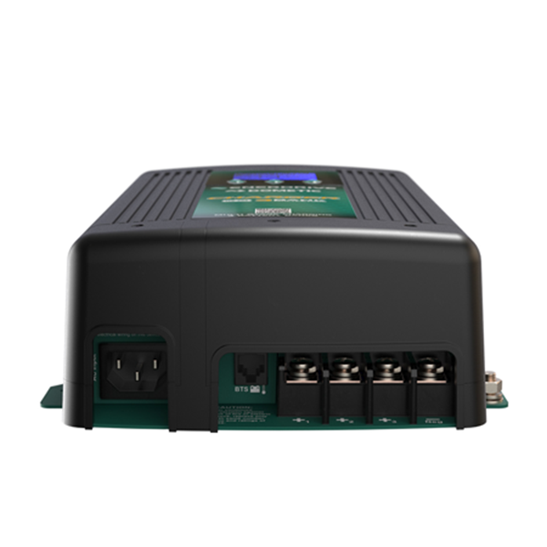Enerdrive Dometic 12V 20A battery charger shown from the front, featuring a black housing, terminal connections, and an AC power input.