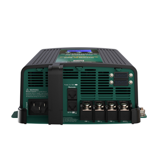 Enerdrive Dometic 12V 20A battery charger shown from the rear, featuring a black housing, ventilation grilles, terminal connections, and an AC power input.