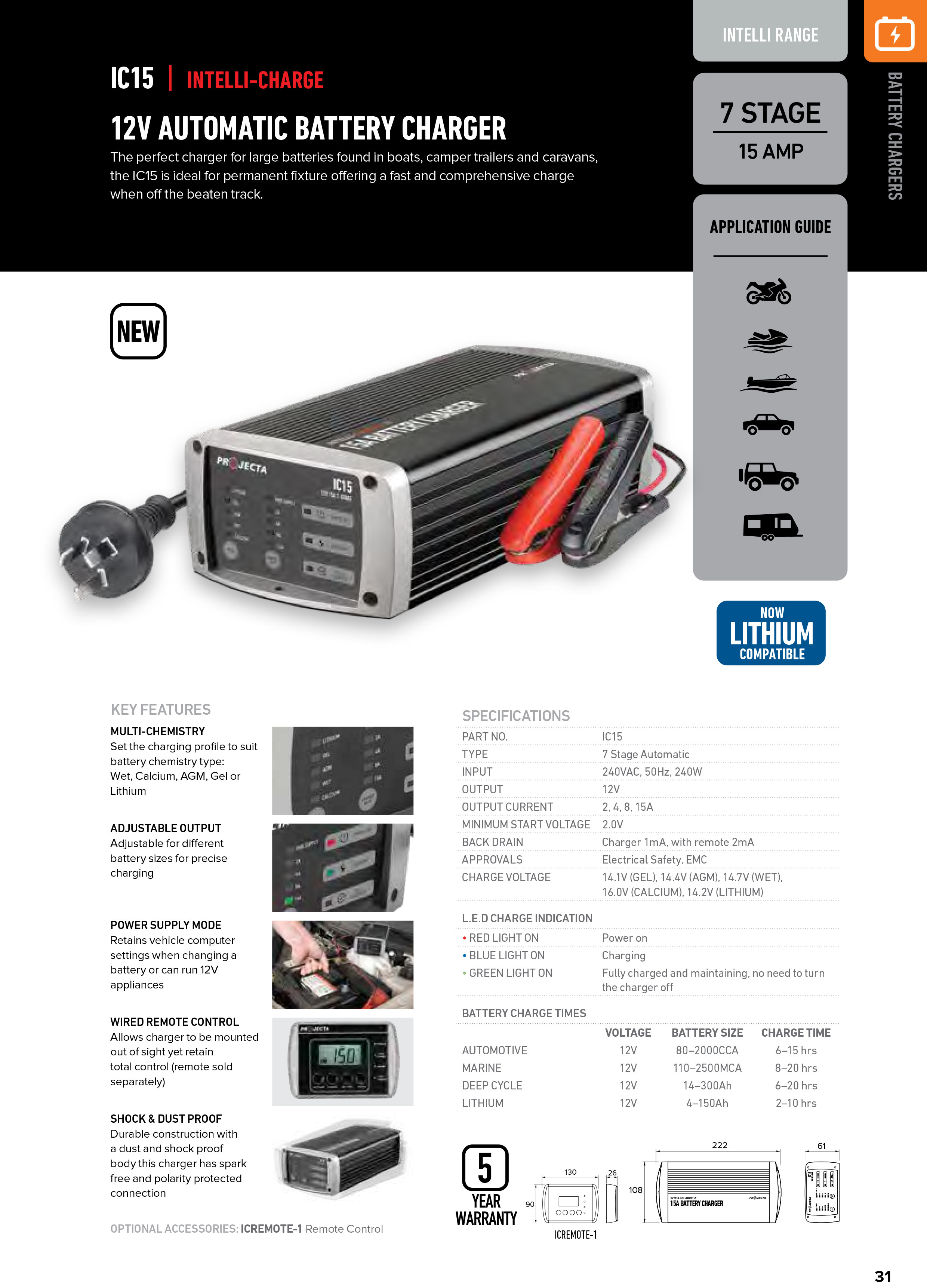 Projecta IC15 12Volt 15A Stage Battery Charger Multi Chemistry Lithium Compatible