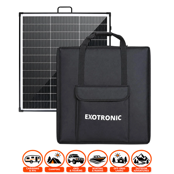A black Exotronic portable solar panel shown in front of its carrying bag, with a row of outdoor use icons along the bottom. The bag has the brand name 'EXOTRONIC' printed in white on the front pocket.