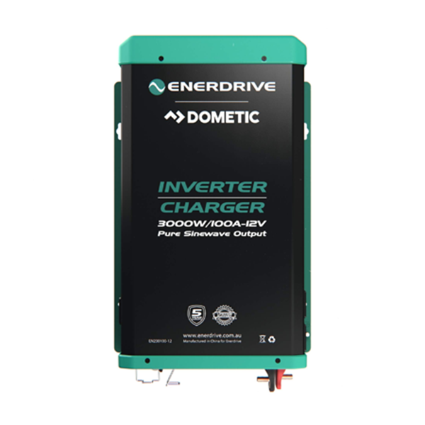 Enerdrive Dometic inverter charger unit, 3000W/100A-12V, featuring a black front panel with white and teal branding, and teal side panels