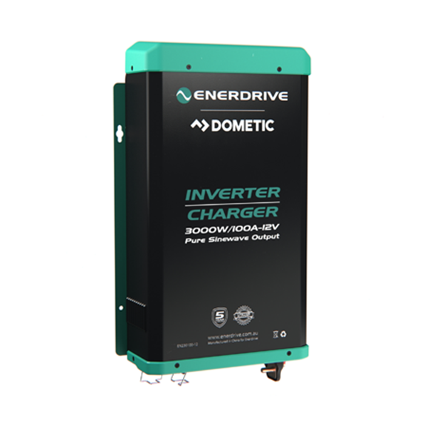 3000W/100A-12V, featuring a black front panel with white and teal branding, and teal side panels, side view