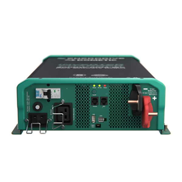 Enerdrive ePOWER 3000W 12V inverter charger front view with AC input, USB, control ports and battery terminals