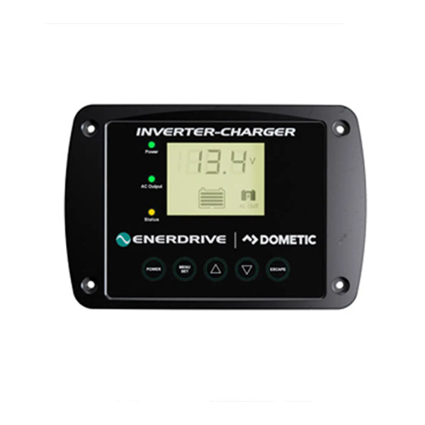 Enerdrive ePOWER inverter charger remote control panel with LCD display, status LEDs and control buttons front view