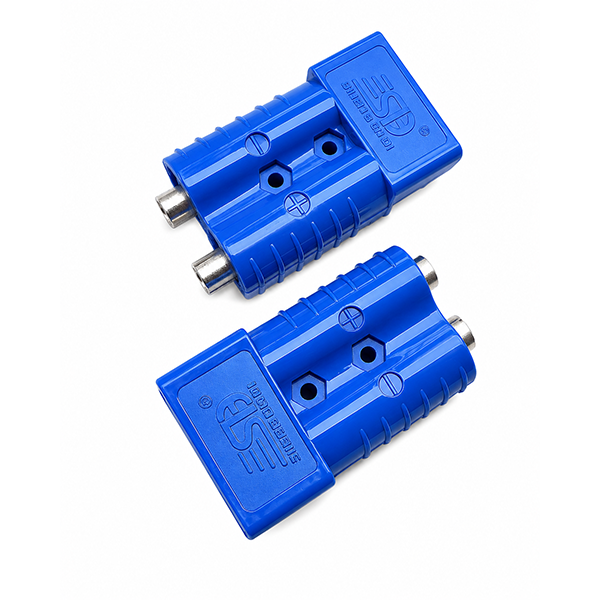 Sheng 50A Anderson style connector plugs in blue. Suitable for caravans, 4WDs and solar systems.