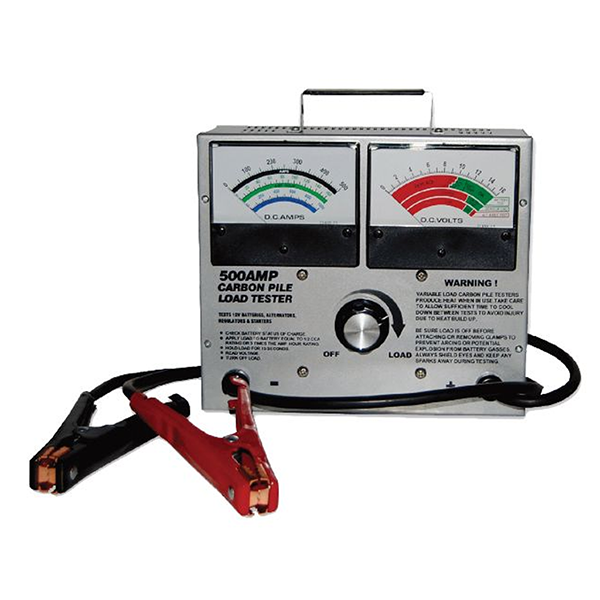 A 500A carbon pile load tester electrical device with dual analog meters, a central rotary switch, and red and black clamp leads, shown on a plain white background.