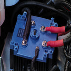 Intervolt R2-0 DC-DC Charger installed  terminal block with red and black cables connected.