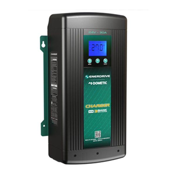EnerDrive Dometic 24V-30V 30A battery charger unit with a digital display screen and green branding panel on a black chassis.