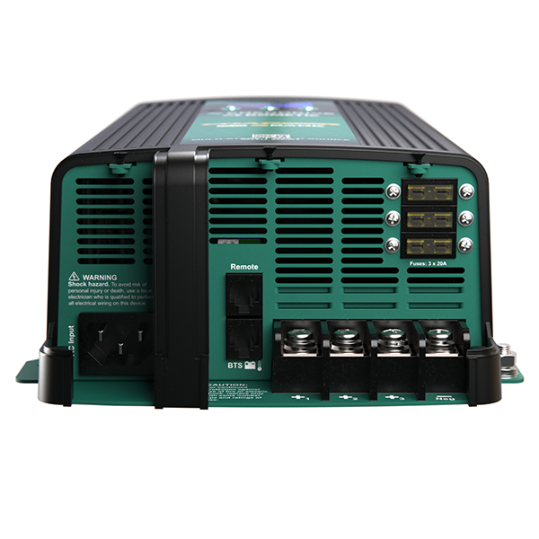 Rear view of the Enerdrive ePOWER EN32430 24V 30A battery charger showing AC input, fuse holders, remote port and battery terminals