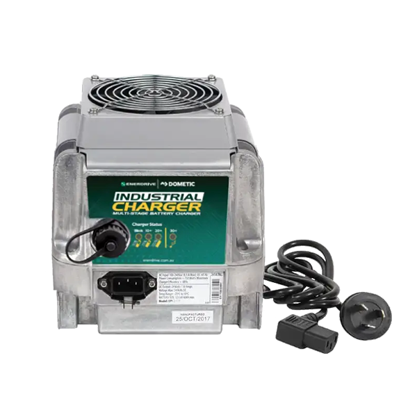 Dometic industrial charger multi-stand battery charger with a cooling fan on top, a green front label, and attached black power cords and connector