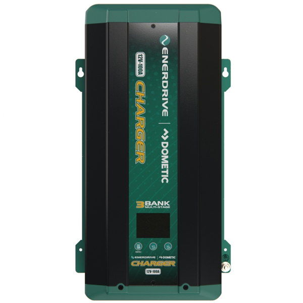 Dometic EnergyDrive 100Ah battery charger with a black and dark green housing, central display panel and digital status screen.