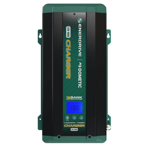 Enerdrive Dometic 12V battery charger with a black and dark green metal housing and blue backlit LCD display.