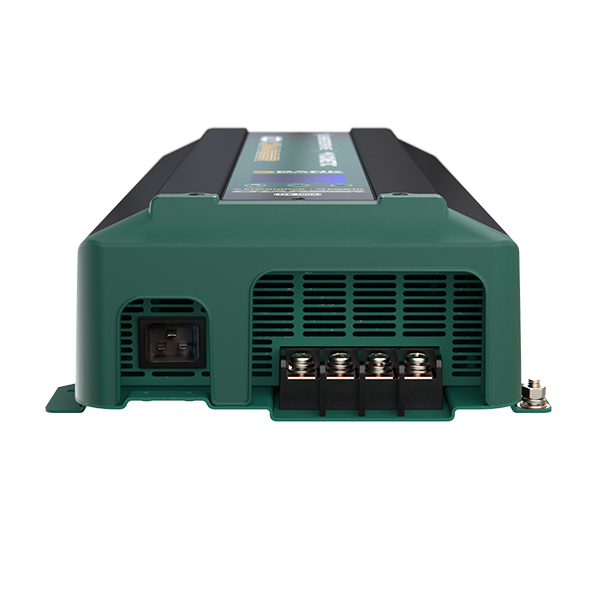 Rear view of an Enerdrive Dometic power module with a green and black housing, showing power terminals and ventilation grilles.