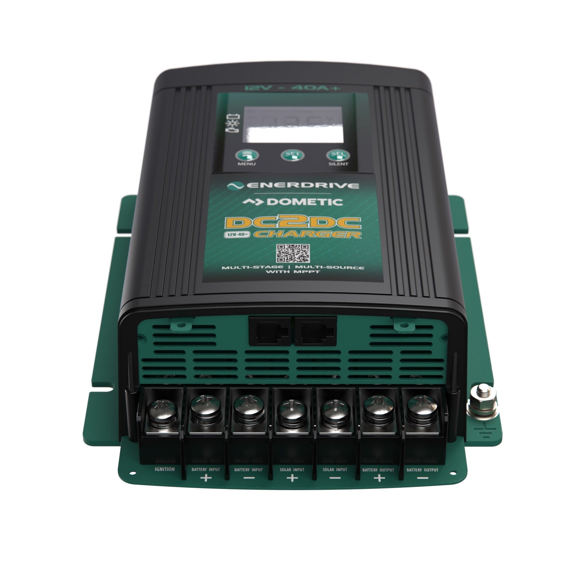 Enerdrive EN3DC40+ 12V 40A DC2DC Charger top angle view showing digital display, control buttons and labelled terminal connections
