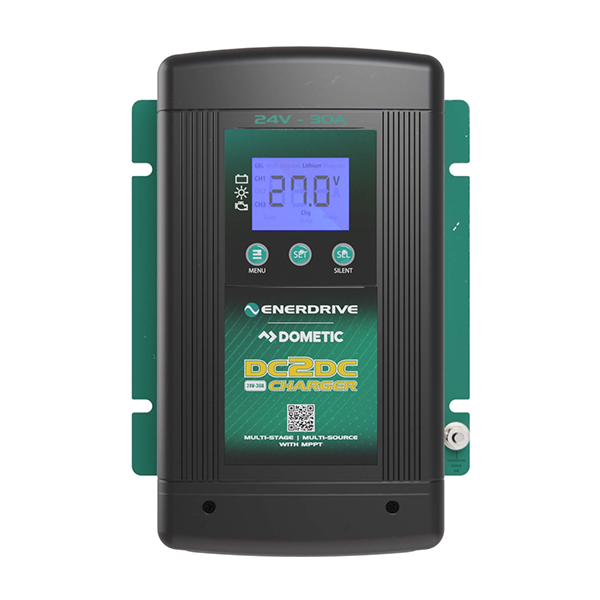 Enerdrive 24V 30A DC2DC Battery Charger with a digital display, in black color, with green detailing.