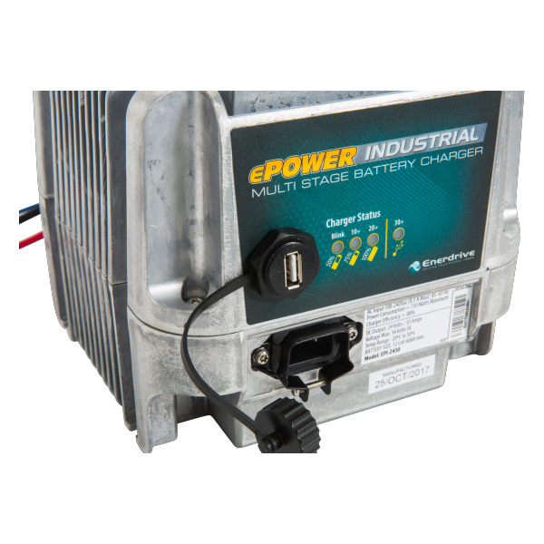 Enerdrive EPI-3620 36V 20A Industrial Battery Charger connections and ports side view