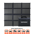 A 12-panel solar power bank with its black carrying case, shown on a white background with 'Ideal applications' icons below.