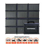 A 12-panel solar power bank with its black carrying case, shown on a white background with 'Ideal applications' icons below.