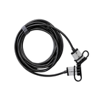 A coiled black cable with two grey connectors and black connector ends, secured with a gray zip tie, on a plain white background.