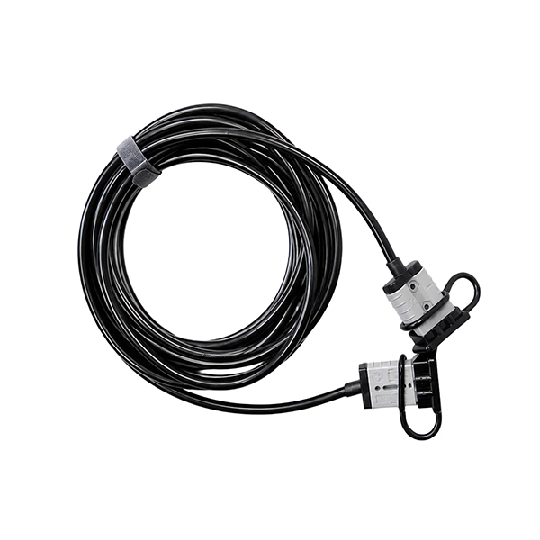 A coiled black cable with two grey connectors and black connector ends, secured with a gray zip tie, on a plain white background.