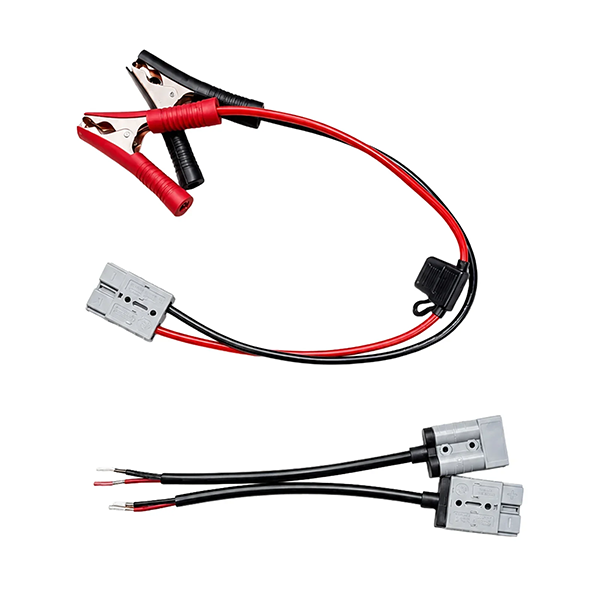 Two black and red cable adapters with metal alligator clips and gray connector housings, shown on a plain white background.