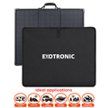 A black Exotronic portable solar panel shown with its carrying case on a white background, plus an 'Ideal applications' section with icons for camping, caravanning, hiking, RV travel, boating, and outdoor living.