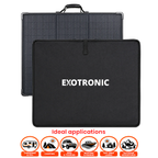 A black Exotronic portable solar panel shown with its carrying case on a white background, plus an 'Ideal applications' section with icons for camping, caravanning, hiking, RV travel, boating, and outdoor living.