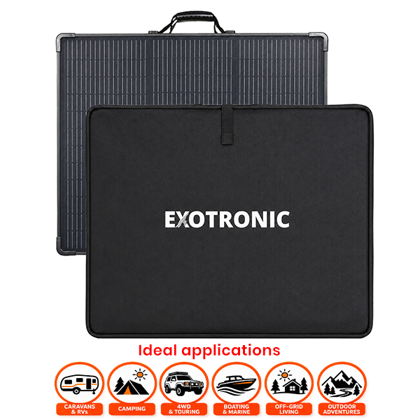 A black Exotronic portable solar panel shown with its carrying case on a white background, plus an 'Ideal applications' section with icons for camping, caravanning, hiking, RV travel, boating, and outdoor living.