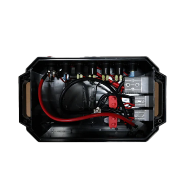 Electrical panel with wiring and components on a white background