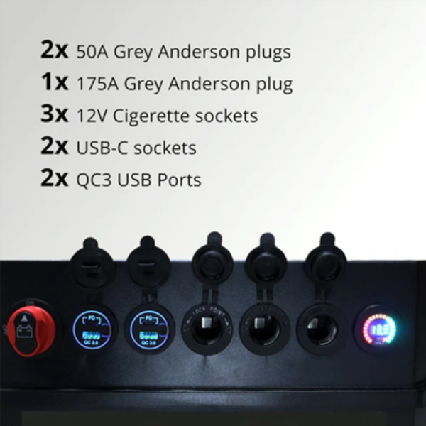 Power station with multiple sockets and connectors on a white background