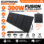 A black Exotronic Fusion Series 300W folding solar panel shown open on a white background, with a smaller inset showing the folded version. The image includes large promotional text, feature icons, and usage claims such as 'Free Shipping Australia Wide,' 'No Controller,' and 'Ideal for caravans, 4WD & touring, boats & marine, camping & outdoors.