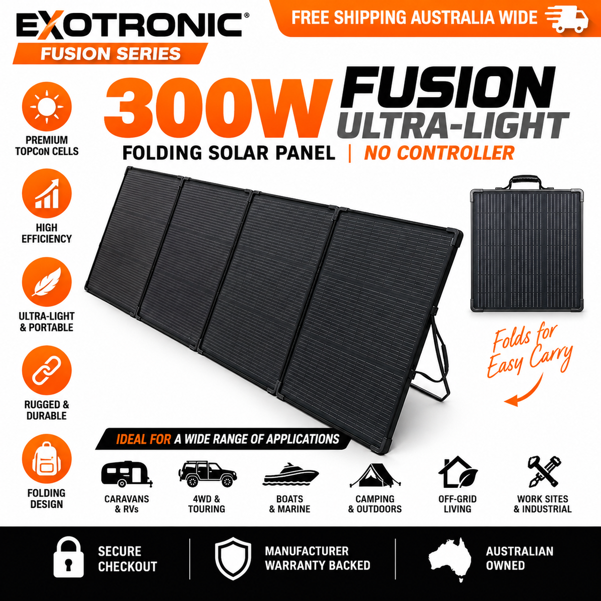 A black Exotronic Fusion Series 300W folding solar panel shown open on a white background, with a smaller inset showing the folded version. The image includes large promotional text, feature icons, and usage claims such as 'Free Shipping Australia Wide,' 'No Controller,' and 'Ideal for caravans, 4WD & touring, boats & marine, camping & outdoors.