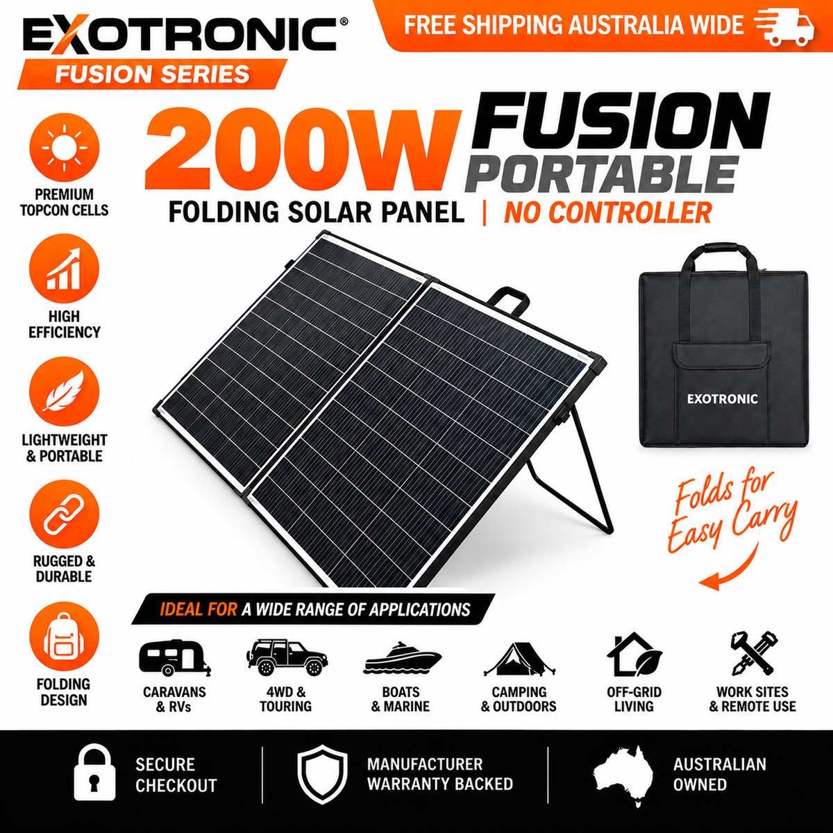 Exotronic Fusion 200W Portable Folding Solar Panel No Controller
