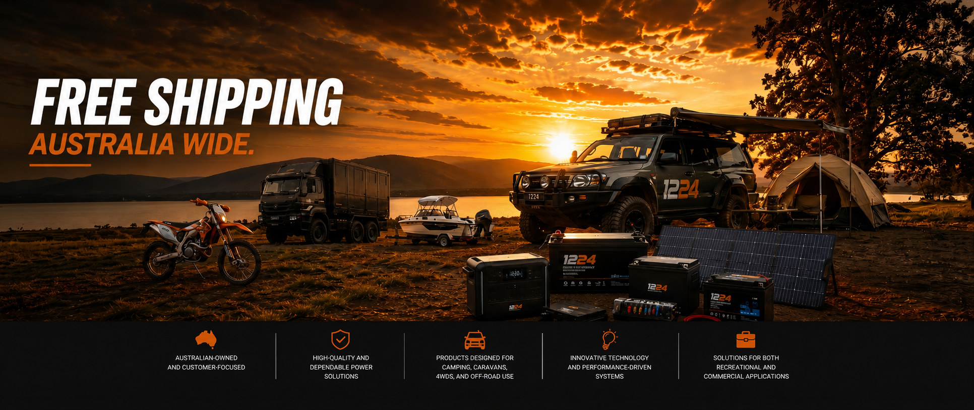 Sunset over a camping scene with vehicles and free shipping text overlay