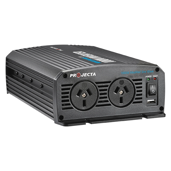 Projecta IMW1000 1000W 12V Modified Sine Wave Inverter showing AC outlets and power switch.