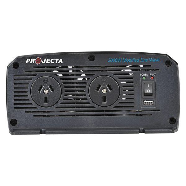 Projecta power inverter with two outlets and control panel on a white background