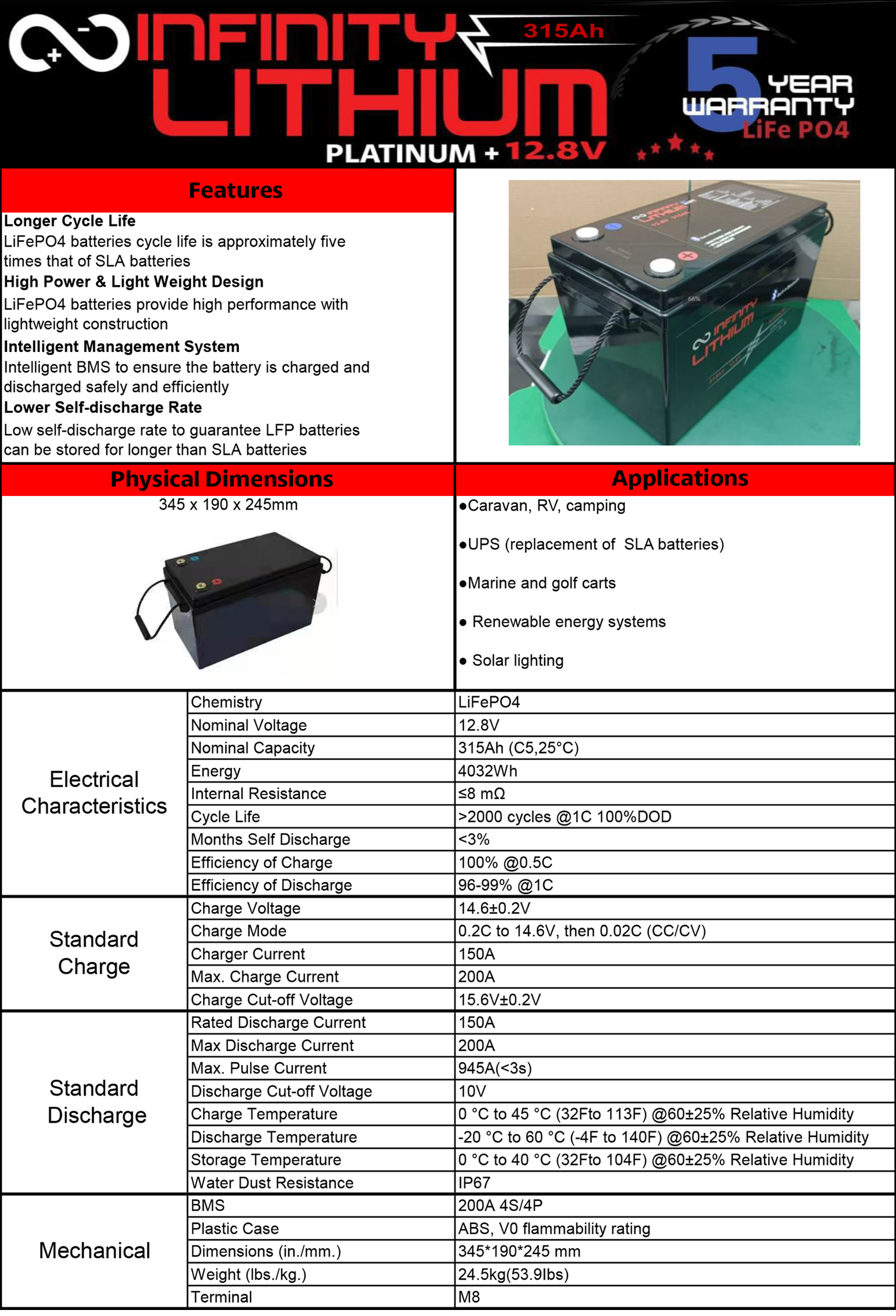 INFINITY DEEP CYCLE 315Ah LITHIUM BATTERY LiFePO4