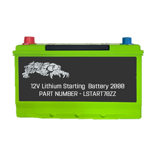 Green lithium starting battery with brand logo and specifications on a white background
