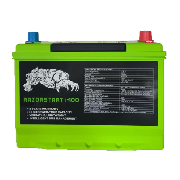 A bright lime green Razorstart 1400 car battery with a black label featuring a white panther logo and technical specifications