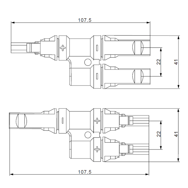 MC4 T-Branch 2-to-1 solar connector pair - technical drawing and dimensions
