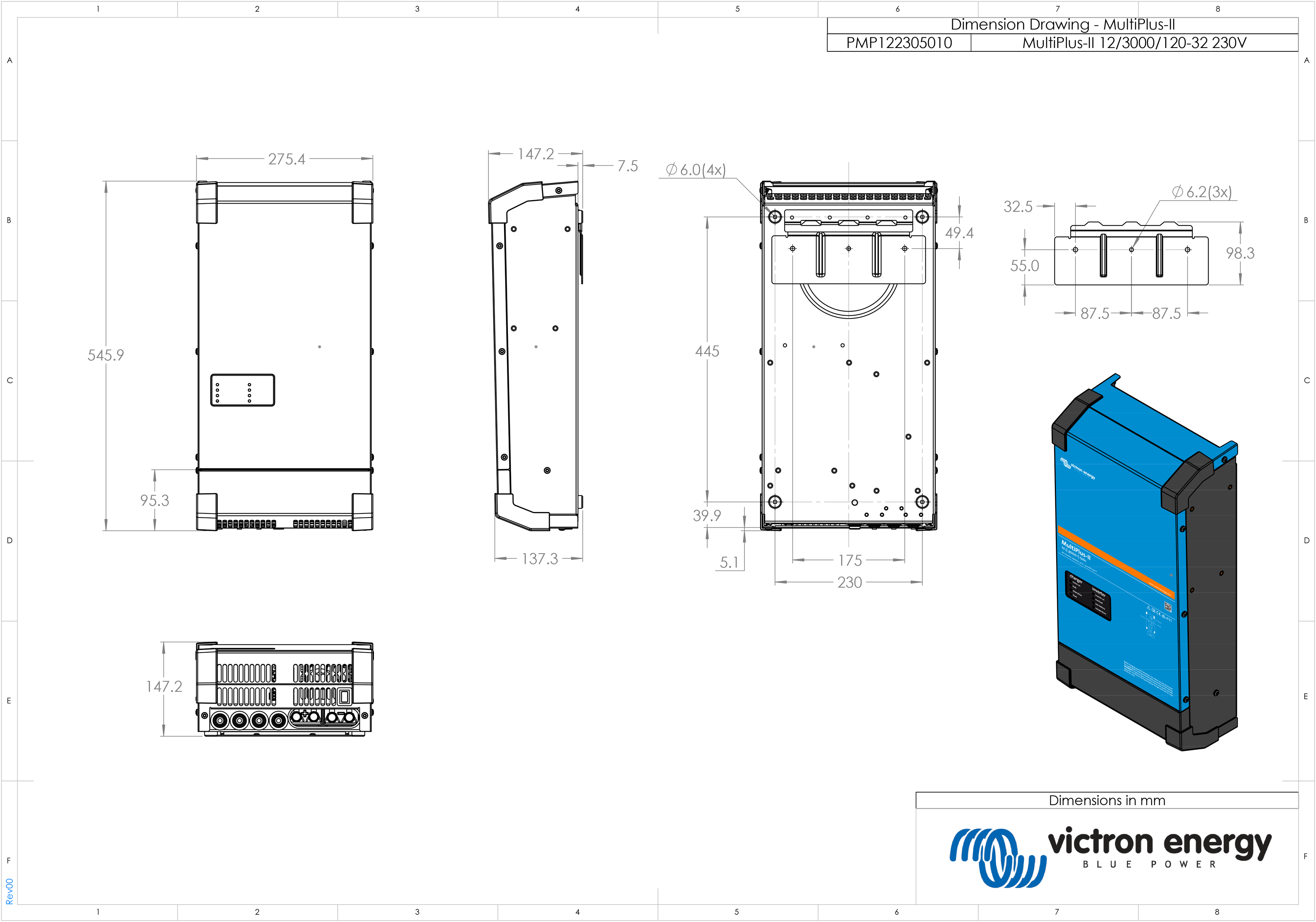 Victron MultiPlus PMP122305010 12V 3000VA 230V Inverter Charger Dimension Drawing.