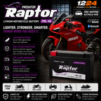 A promotional graphic for a Predator Raptor lithium motorcycle battery, PRL-06. The battery is shown in a black and purple casing on the right, next to a red Ducati motorcycle used as a compatibility/demo context.