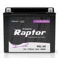 Fornt View of the Predator Raptor lithium-ion motorcycle battery, model PRL-09, with Bluetooth and Smart Wake technology badges.