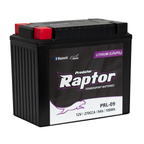 A Predator Raptor 12V lithium-ion sports battery with a black casing, red terminal caps, and a black label featuring purple and white branding.