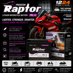 Promotional image for the Predator Raptor PRL-12 lithium motorcycle battery with red sport bike, Bluetooth BMS and Shake to Waker