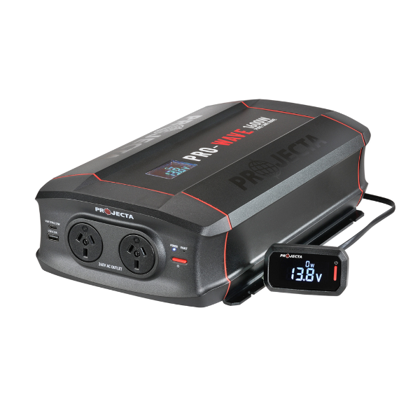 A black Projecta 1600 Watt 12v Pro-Wave Pure Sine Wave Inverter with a digital display and two output sockets.