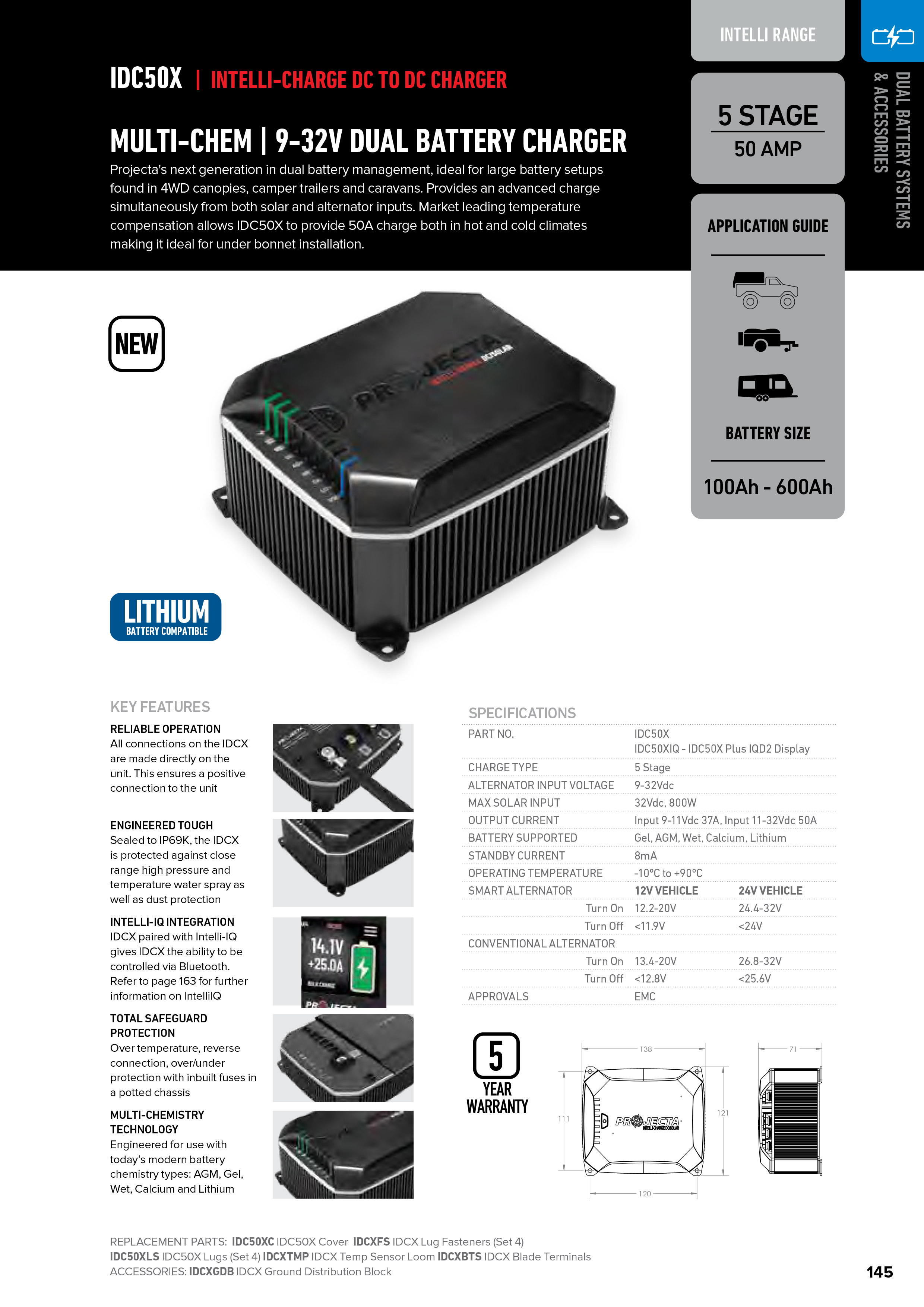 Projecta 12/24V 50A DC-DC Battery Charger with MPPT Solar and IQ Screen - IDC50XIQ