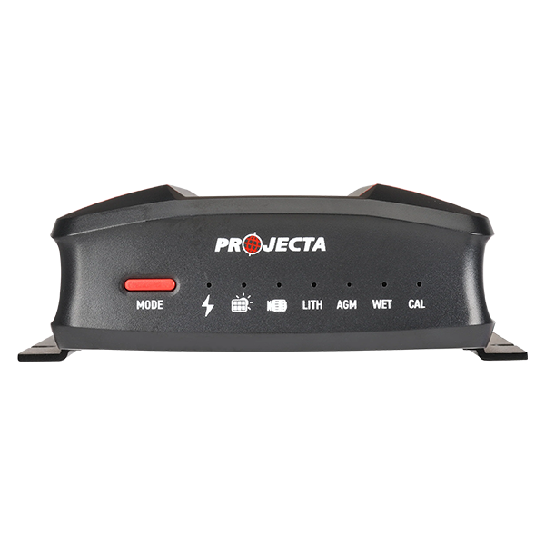 Front view of the Projecta PDC25 PRO-DC charger showing charging mode button and battery chemistry LED indicators.