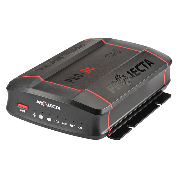 Angled view of the Projecta PDC25 PRO-DC 25A DC-DC and MPPT solar battery charger with rugged aluminium housing.